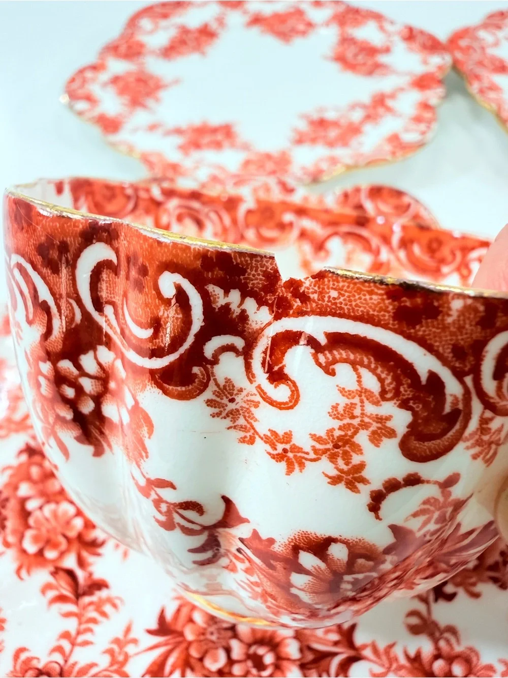 2x Rare Paragon China Trios Antique 1920s Iron Red Gold Floral Tea Cup Sets 689